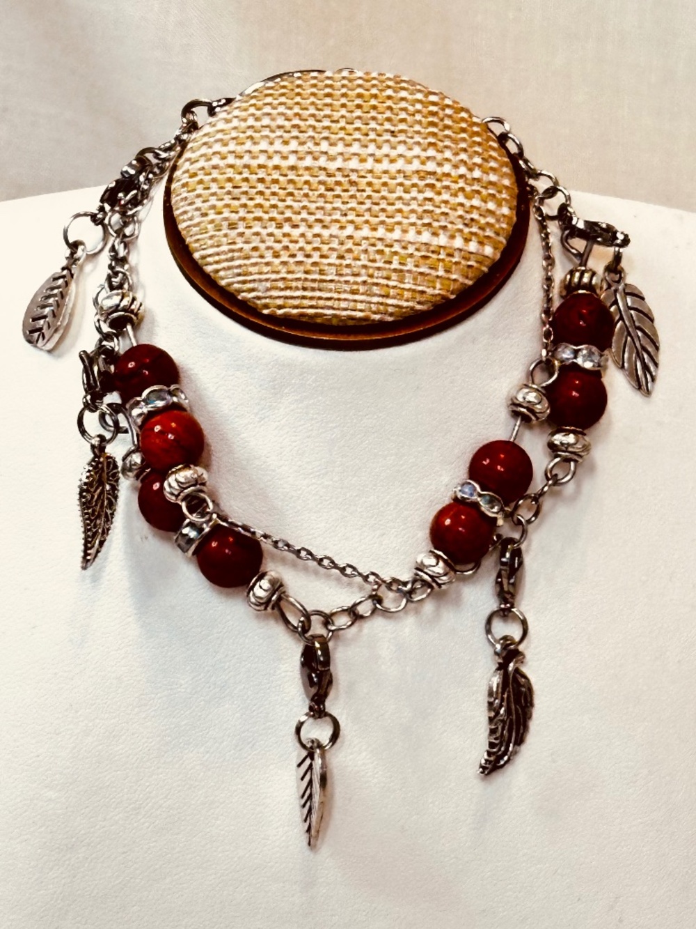 Handmade Red Jasper Interchangeable Charm Bracelet Anklet Stainless Steel Leaf